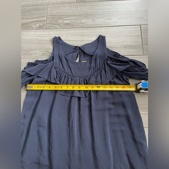 Anthropologie Maeve| Navy Cold Shoulder Ruffle Blouse with Gold Buttons••• - Picture 10 of 12